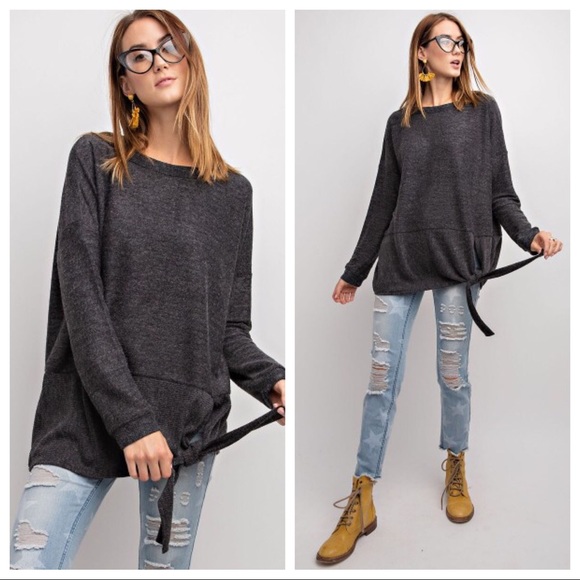 SHARON-Side Tie Terry Knit Casual Fit Top - Picture 3 of 3